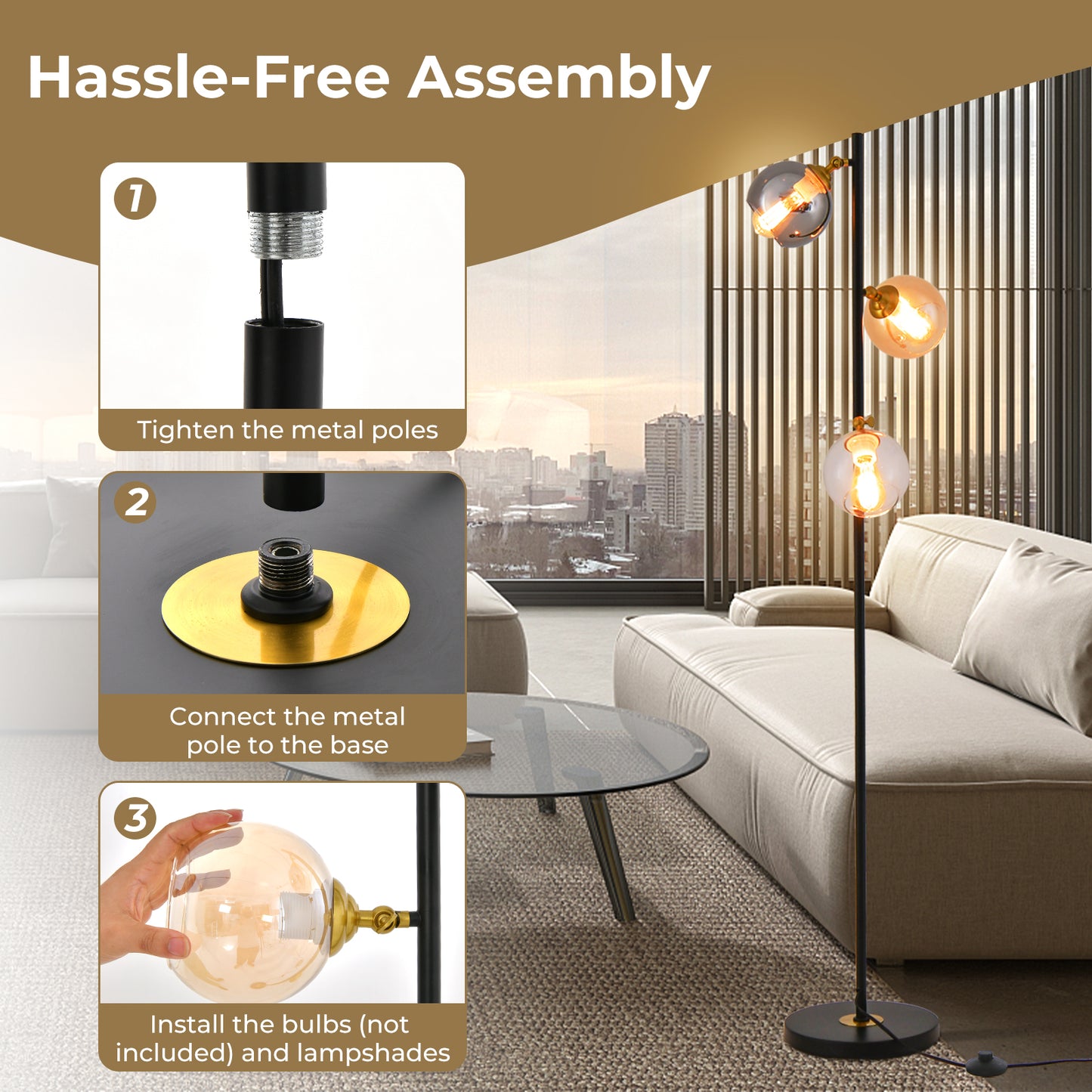 Mid Century Floor Lamp, 3 Glass Globe Shades, Weighted Base, Black Table & Floor Lamps at Gallery Canada