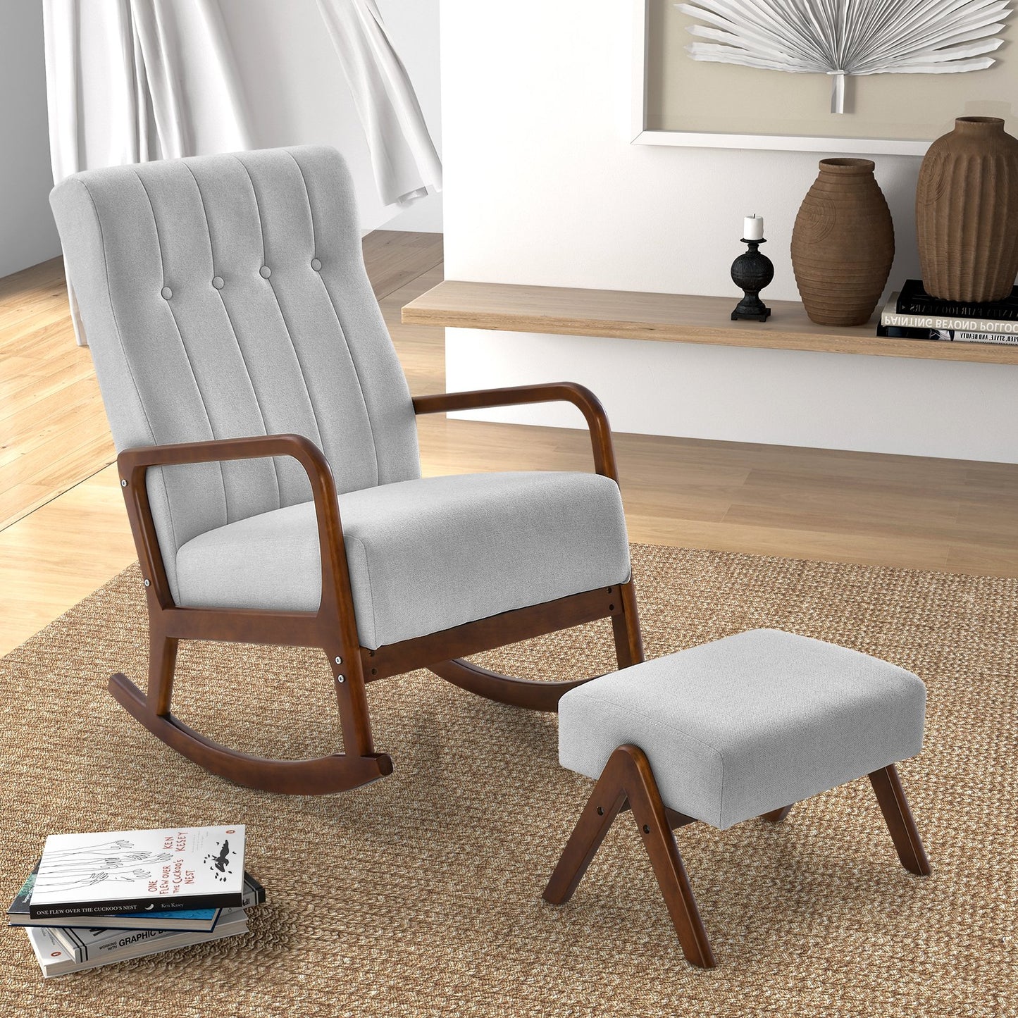 Rocking Chair with Ottoman and Solid Rubber Wood Frame and Padded Cushion, Gray at Gallery Canada