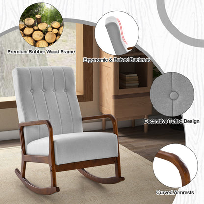 Rocking Chair with Ottoman and Solid Rubber Wood Frame and Padded Cushion, Gray