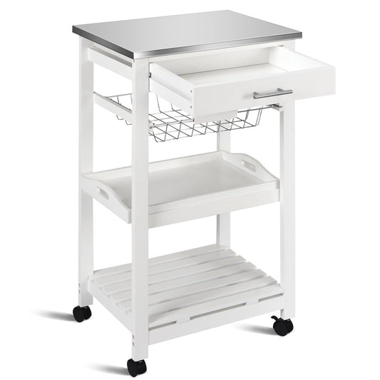 Kitchen Island Cart with Stainless Steel Tabletop and Basket, White at Gallery Canada