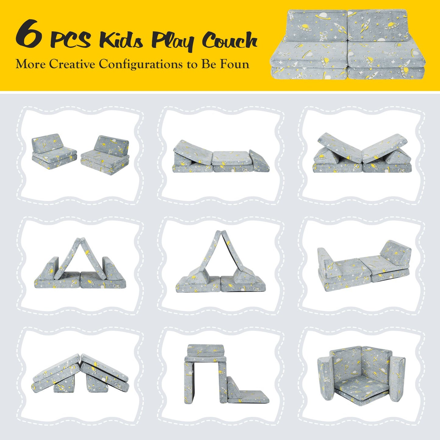 6 PCS Kids Play Couch with 4 Base Cushions and 2 Backrest Cushions, Gray at Gallery Canada