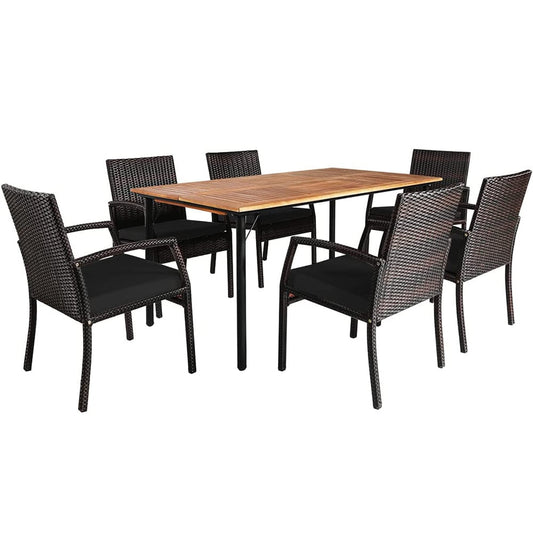 7 Pieces Patio Rattan Cushioned Dining Set with Umbrella Hole, Black
