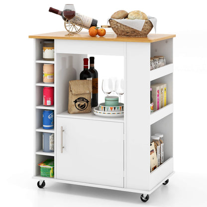 Kitchen Cart on Wheels with Bamboo Top and 6-Bottle Wine Rack, White