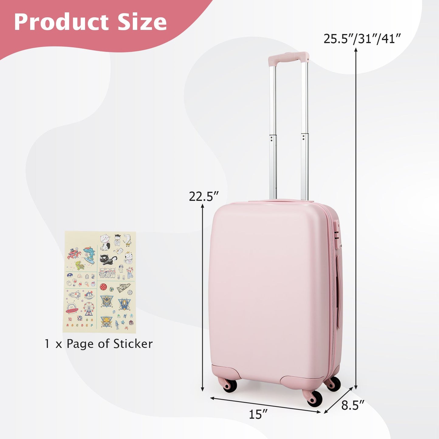 Hardside Luggage with Spinner Wheels with TSA Lock and Height Adjustable Handle, Pink