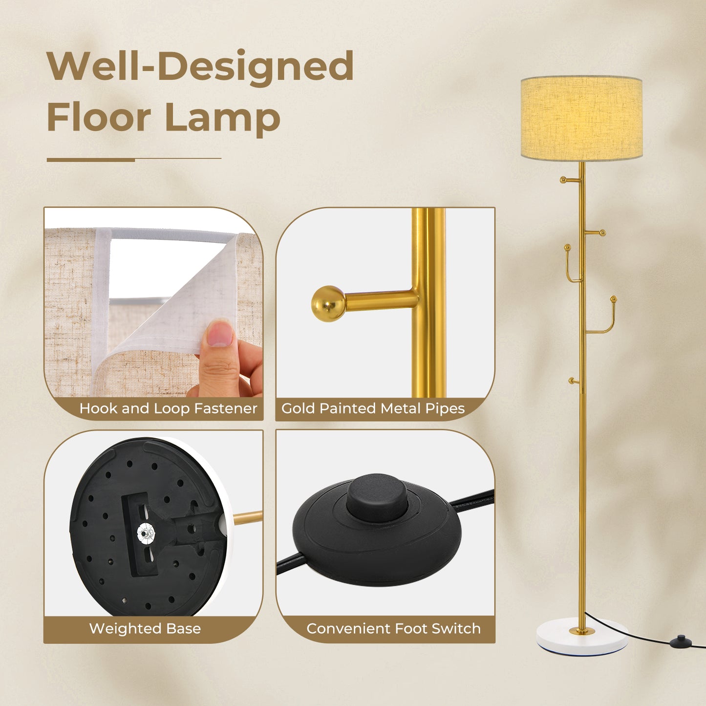 Freestanding Tall Pole Lamp, 5 Hooks, Sturdy Weighted Base, Golden Table & Floor Lamps at Gallery Canada