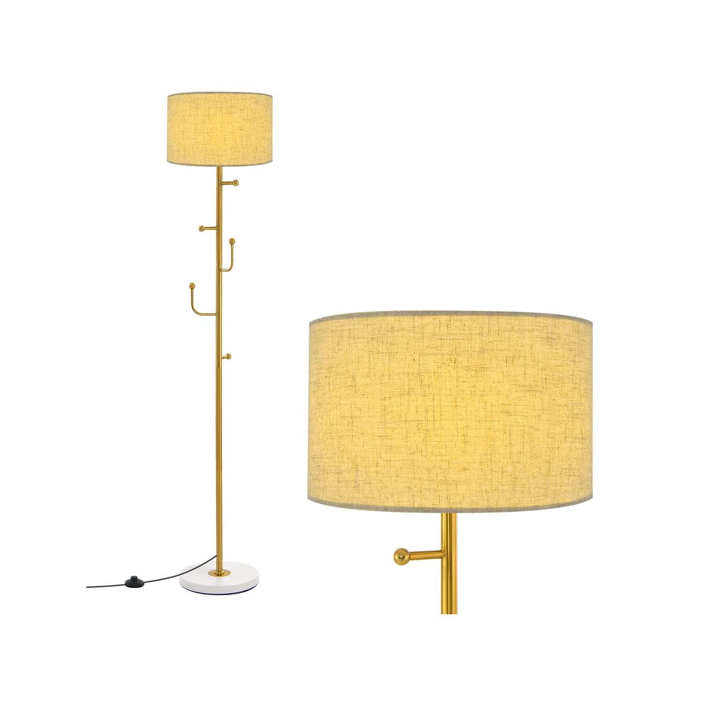 Freestanding Tall Pole Lamp with 5 Hooks and Sturdy Weighted Base, Golden