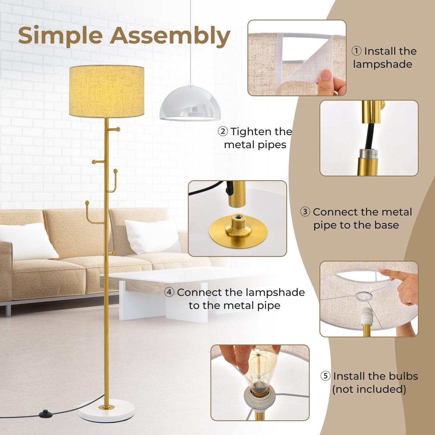Freestanding Tall Pole Lamp with 5 Hooks and Sturdy Weighted Base, Golden