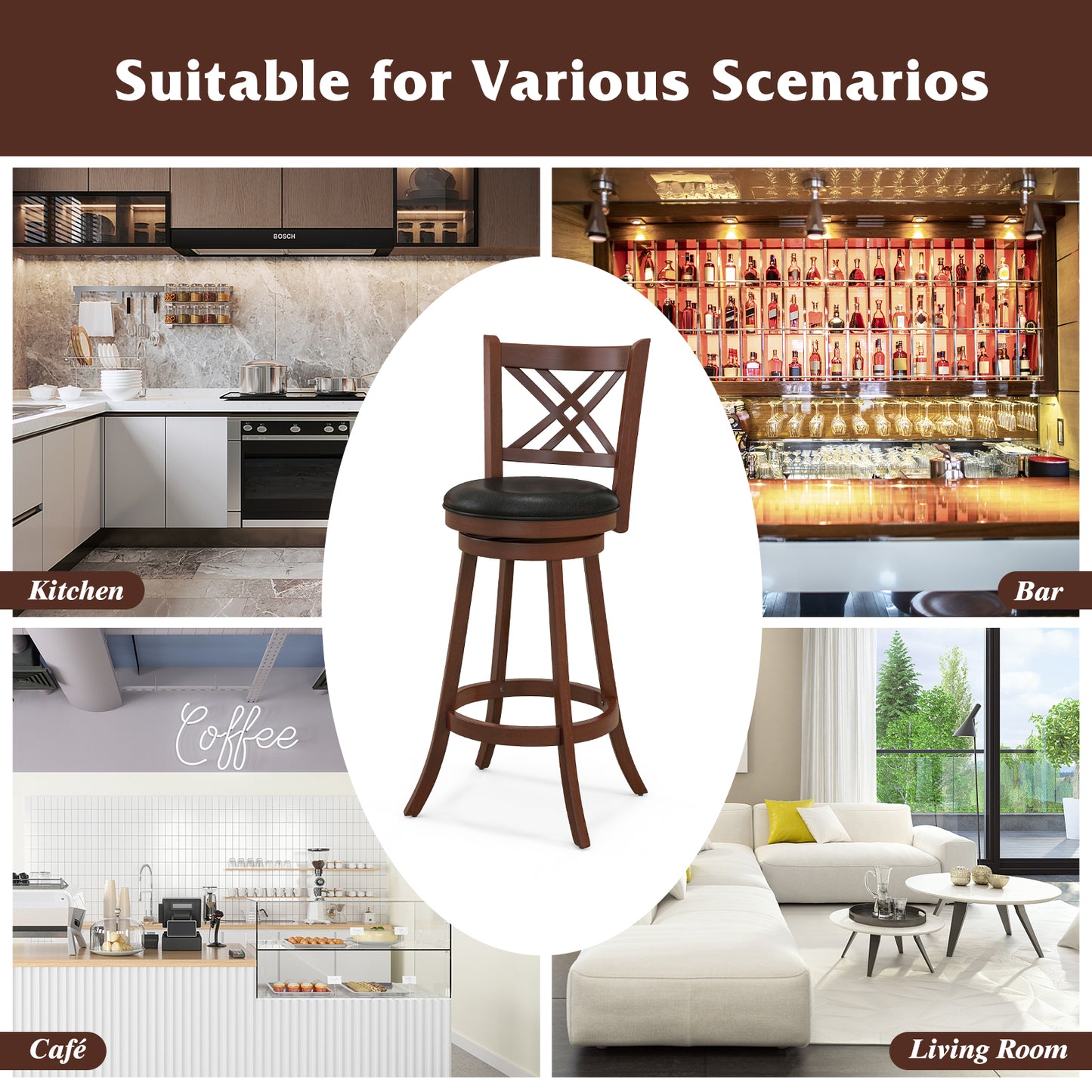 360° Swivel Upholstered Barstools Set of 2 with Back and Footrest-29 inches, Espresso Bar Stools at Gallery Canada