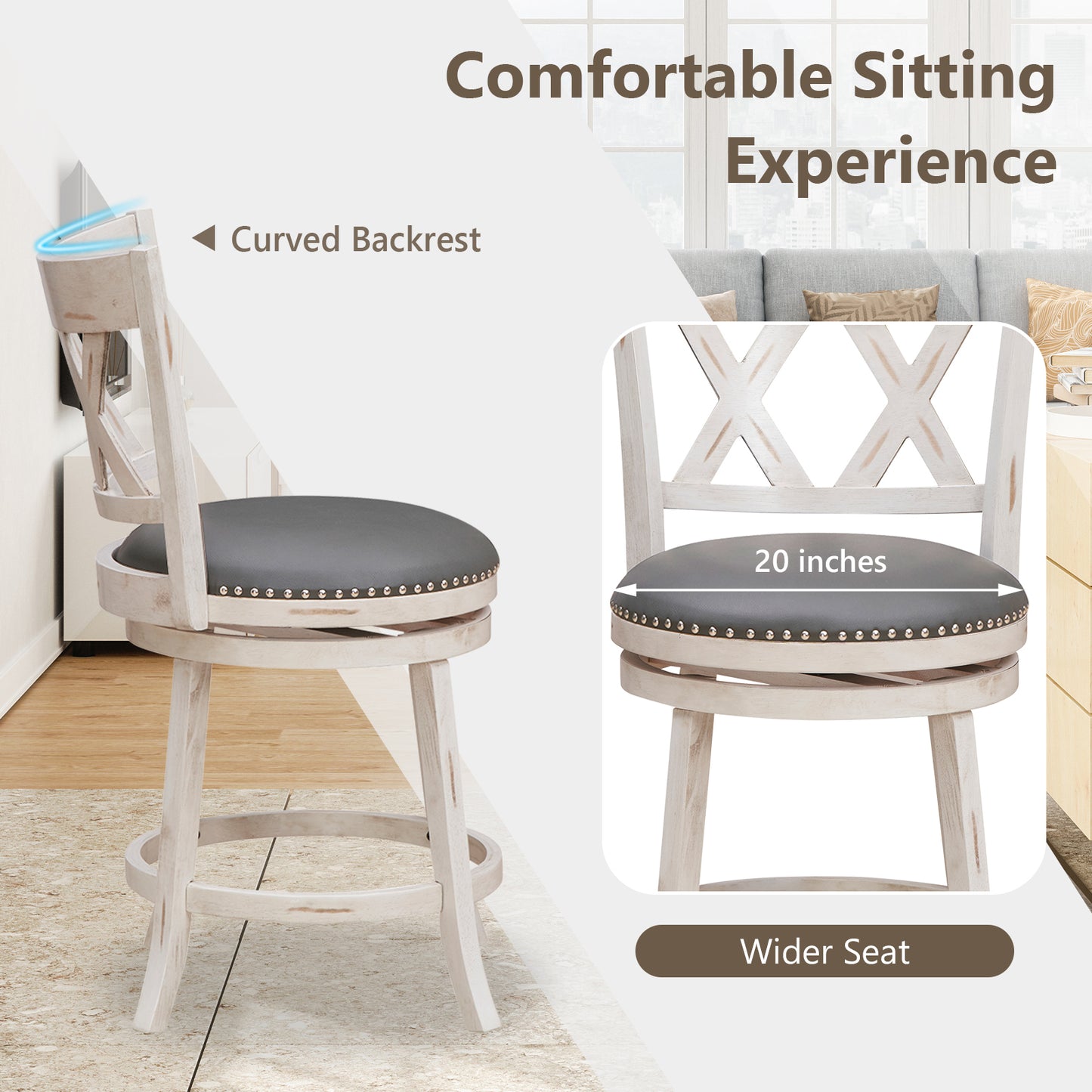 25.5 Inch Hand-Antiqued Stool Set, Wider Padded Seat, White Bar Stools at Gallery Canada