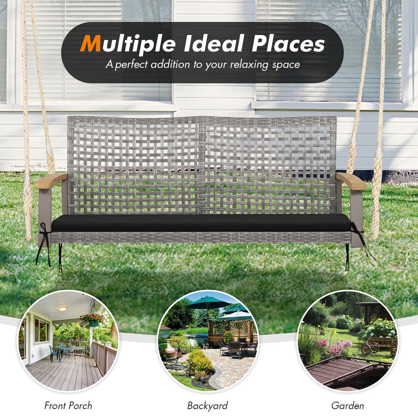 2-Person Patio Wicker Hanging Swing Chair, Black Porch Swings at Gallery Canada