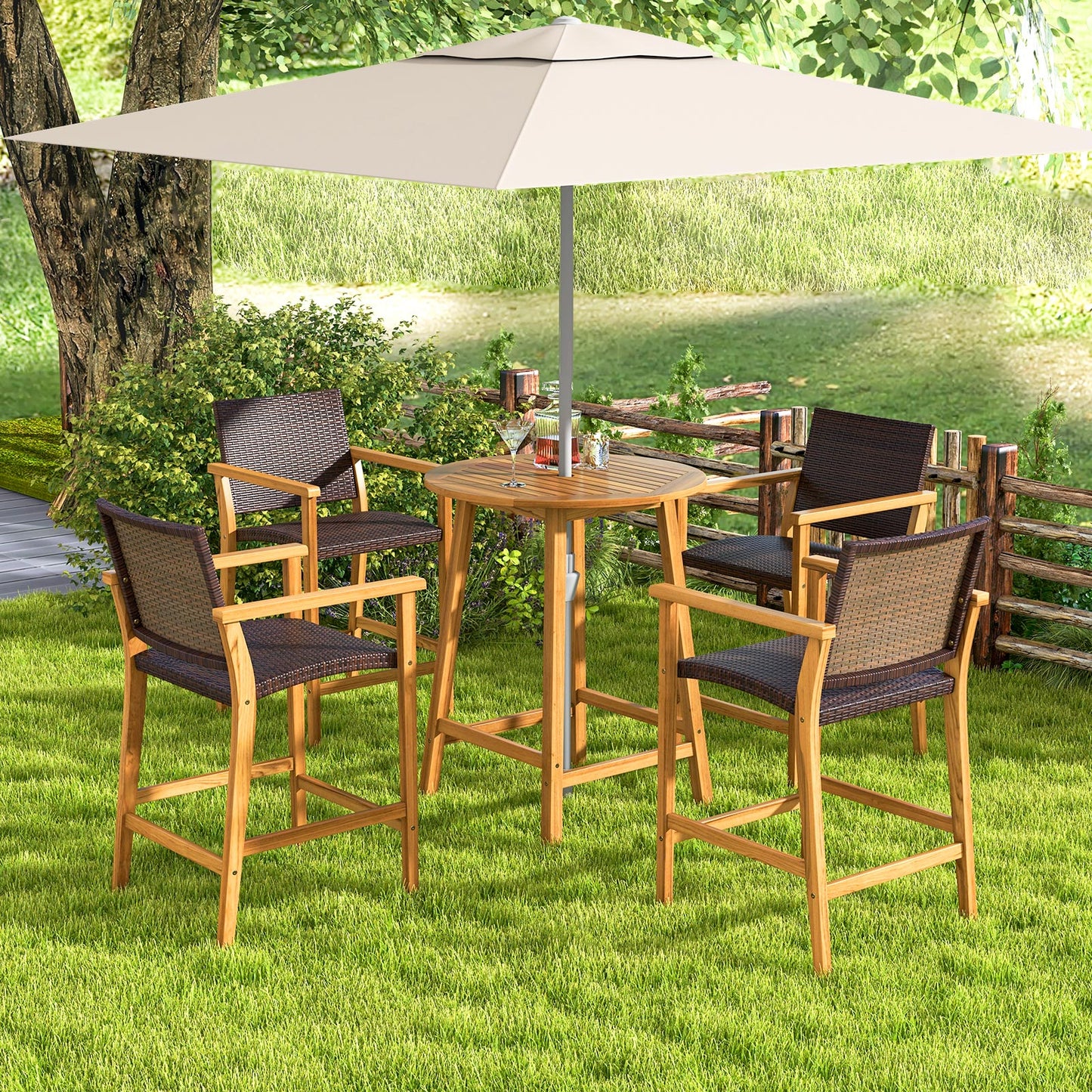 Bar Height Table with Umbrella Hole and Slatted Tabletop for Outdoors, Natural at Gallery Canada