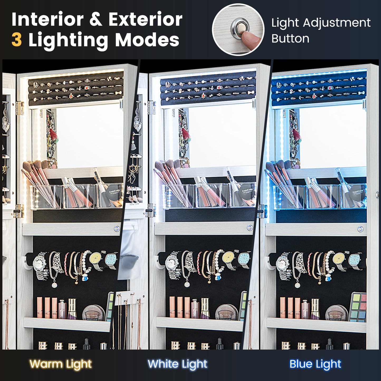 42.5 Inches Lockable Jewelry Mirror Cabinet, 3-Color LED Lights, White Jewelry Armoires at Gallery Canada