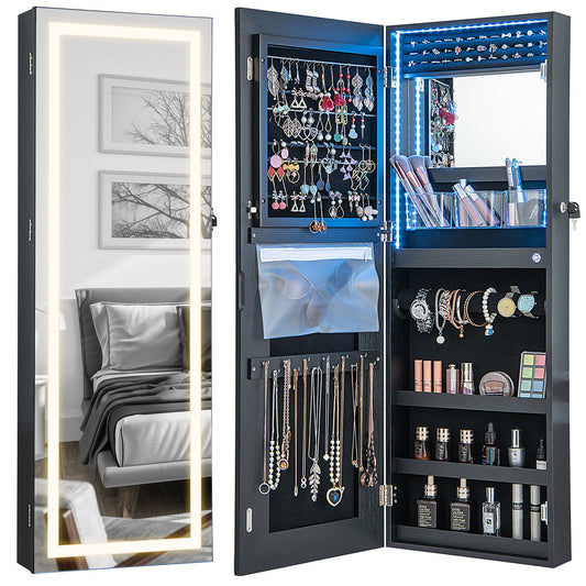 42.5 Inches Lockable Jewelry Mirror Wall Cabinet with 3-Color LED Lights, Black