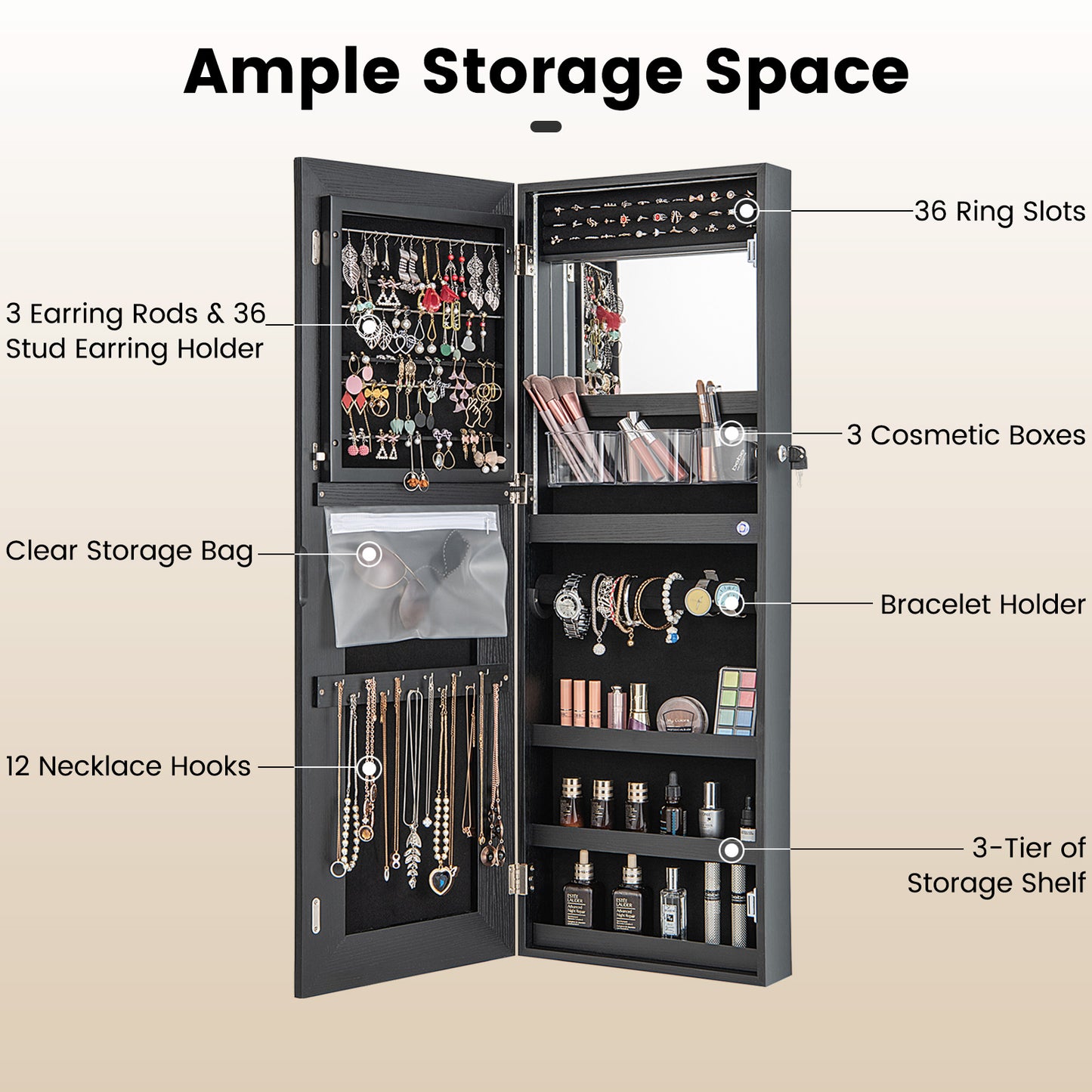 42.5 Inches Lockable Jewelry Mirror Cabinet, 3-Color LED Lights, Black Jewelry Armoires at Gallery Canada