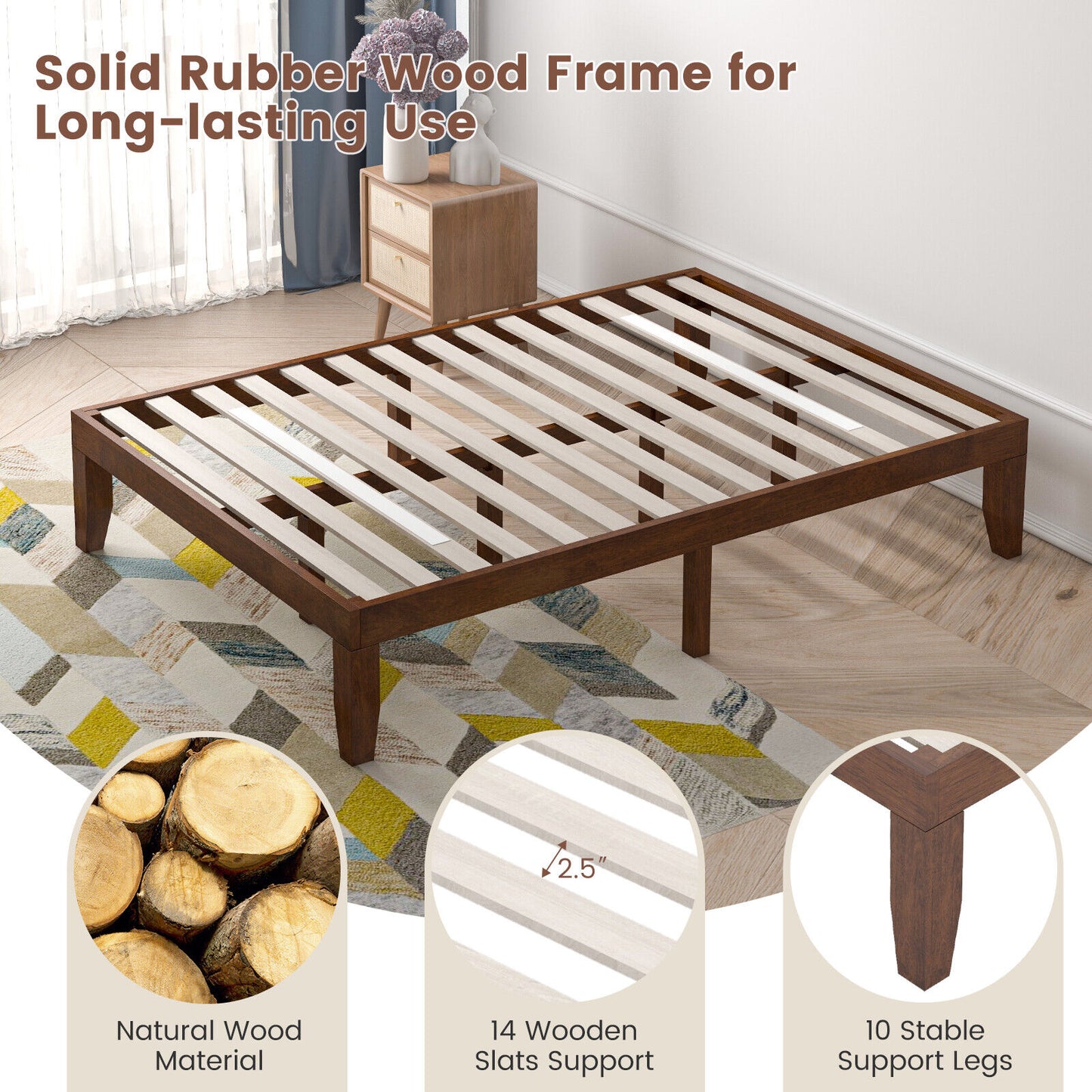 14 Inch Full Size Wood Platform Bed Frame, Wood Slat Support, Coffee Simple Bed Frame at Gallery Canada