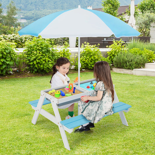 3-In-1 Kids Outdoor Picnic Water Sand Table With Umbrella Play Boxes, Blue