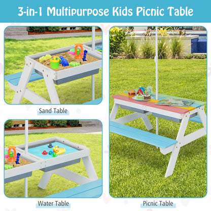 3-in-1 Kids Outdoor Picnic Water Sand Table with Umbrella Play Boxes, Blue at Gallery Canada