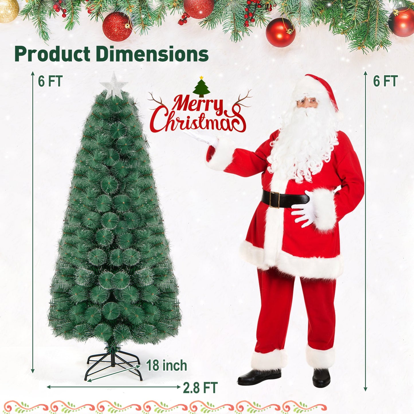 5/6/7 FT Pre-Lit Fiber Optic Christmas Tree with 148/185/226 Multi-Color LED Lights and Top Star Light-6 ft, Green