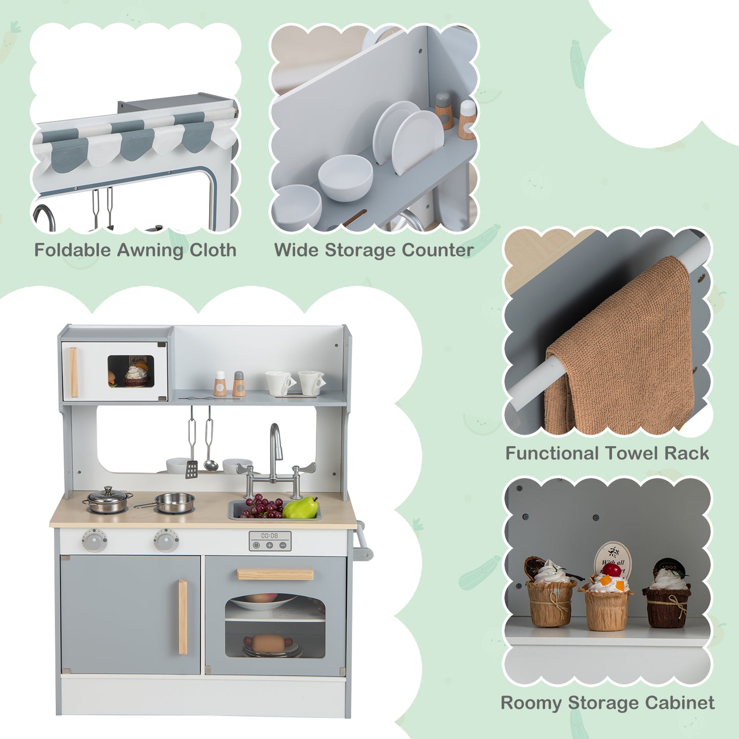 Kids Pretend Kitchen Playset, Double Sided, 2-Seat Cafe, Gray Play Kitchen Sets at Gallery Canada