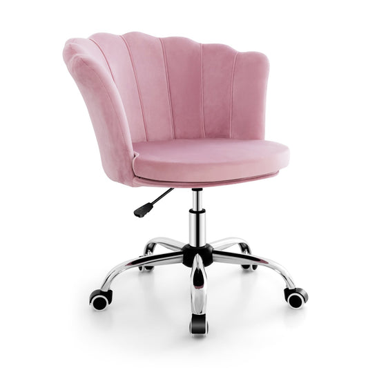 Velvet Petal Shell Office Chair with Wheels and Seashell Back, Pink