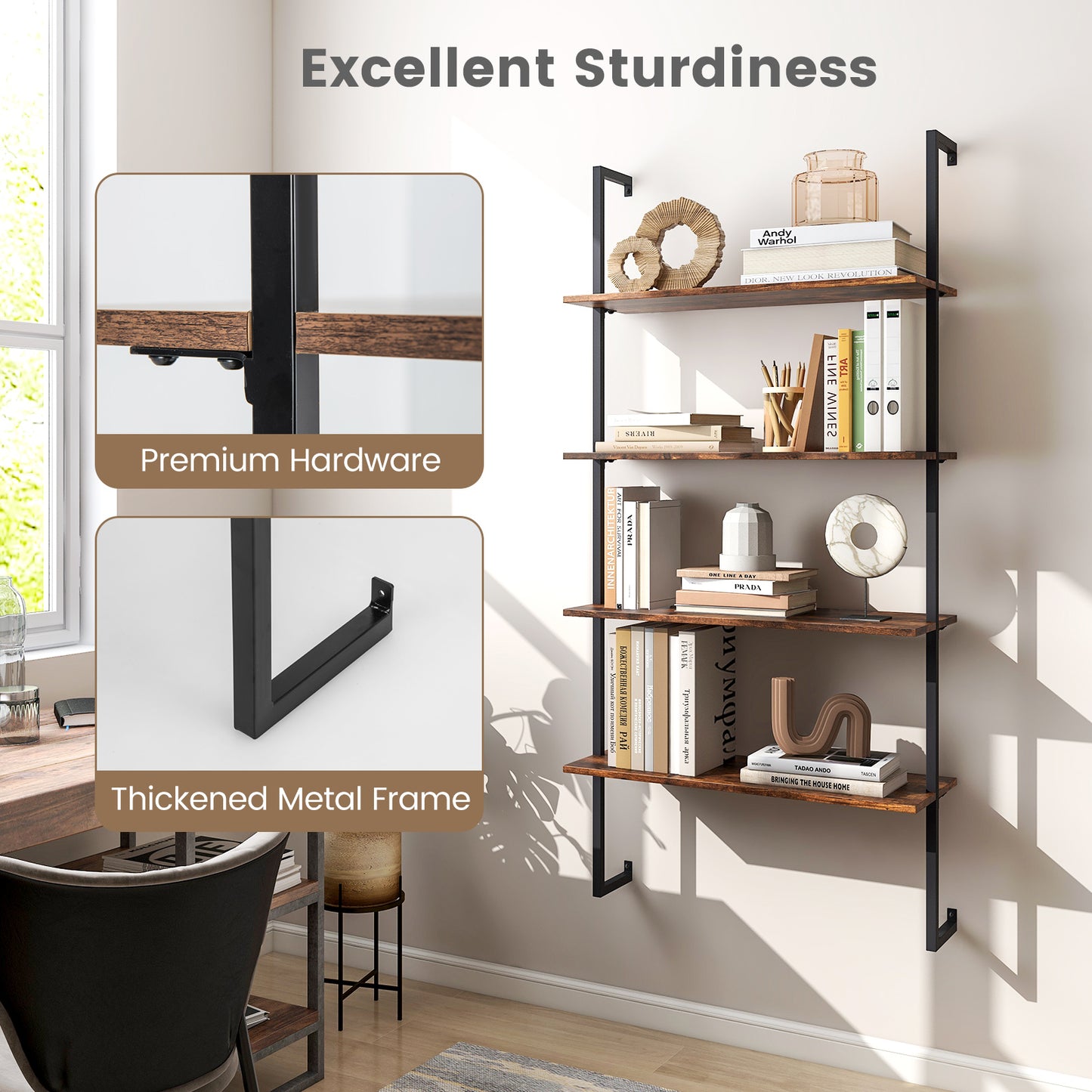 4-Tier Industrial Ladder Bookshelf with Metal Frame, Brown Bookcases at Gallery Canada