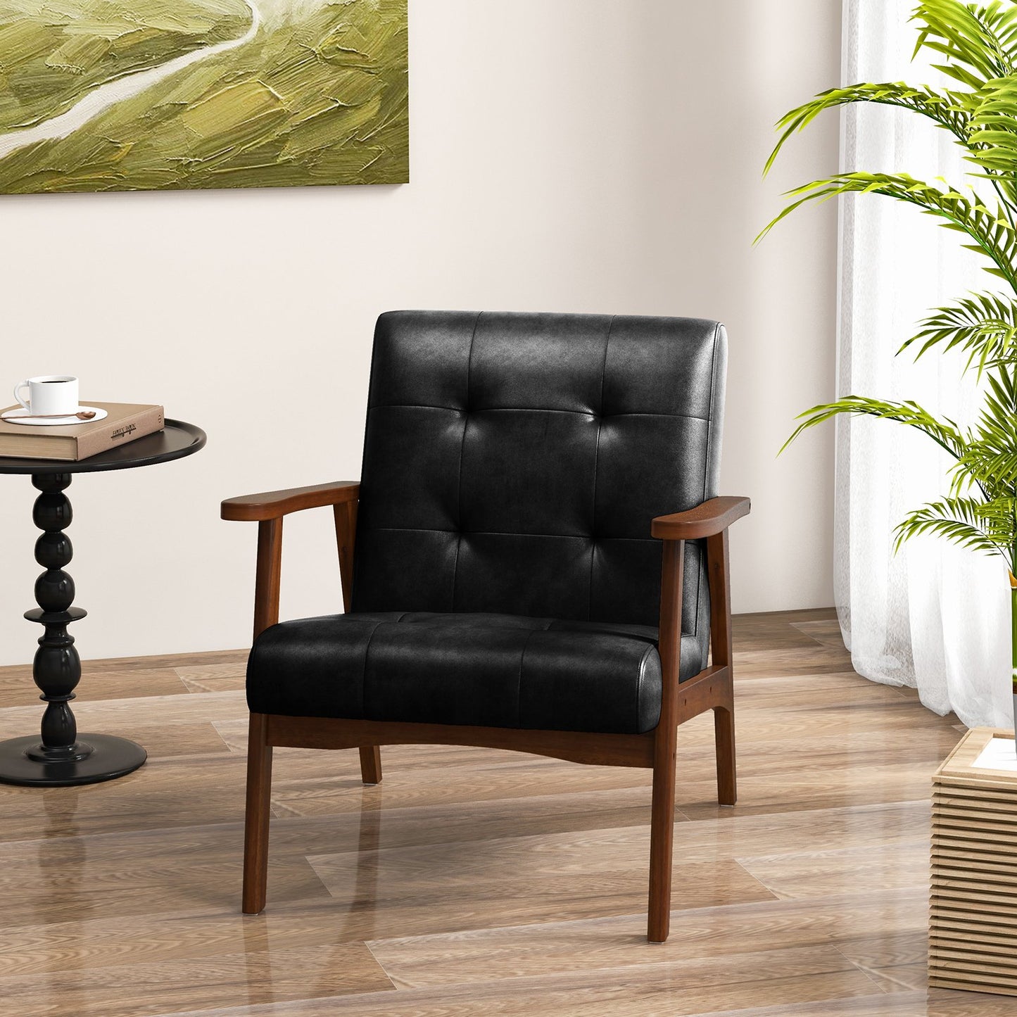Mid Century Modern Accent Chair with Solid Rubber Wood Frame and Leather Cover, Black