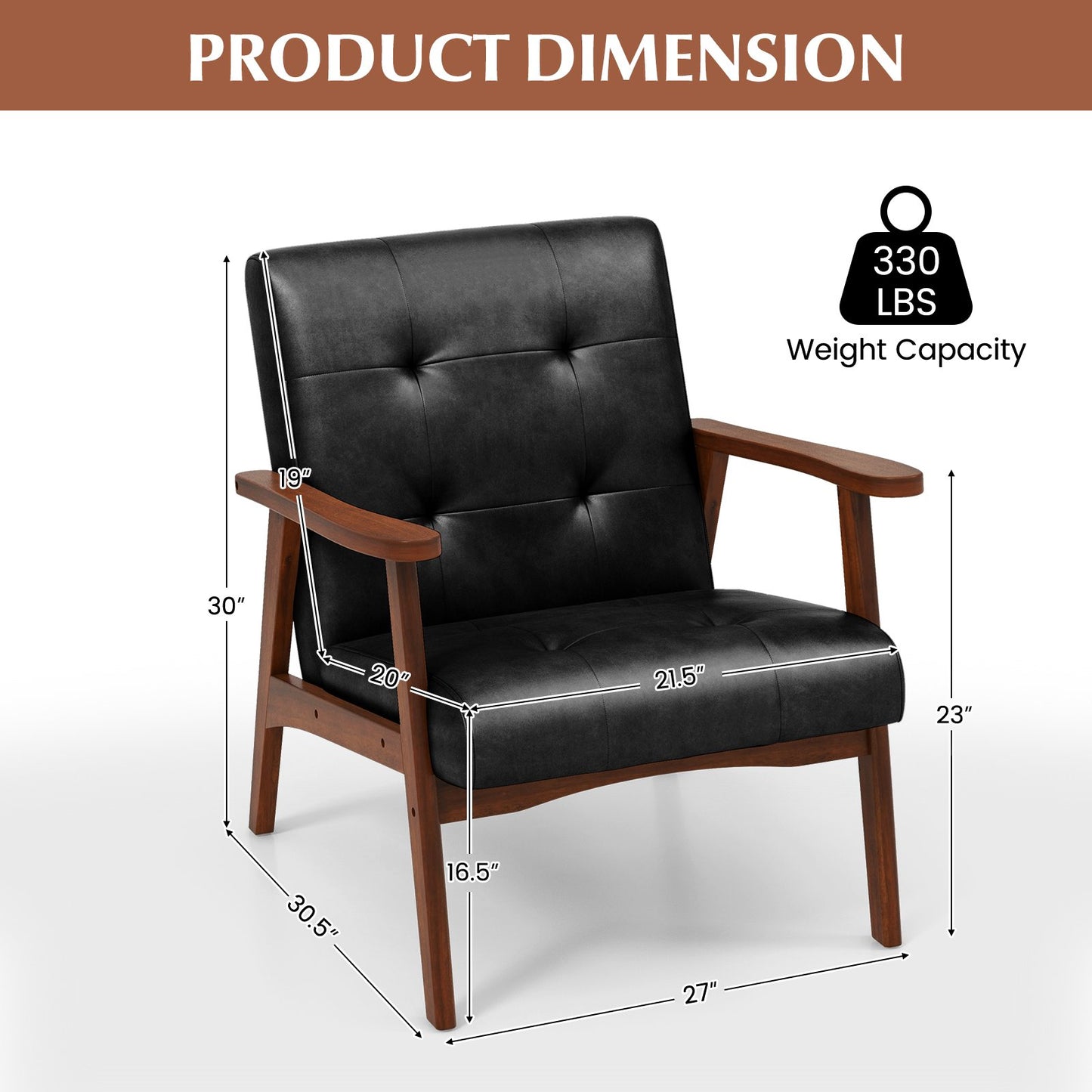 Mid Century Modern Accent Chair with Solid Rubber Wood Frame and Leather Cover, Black