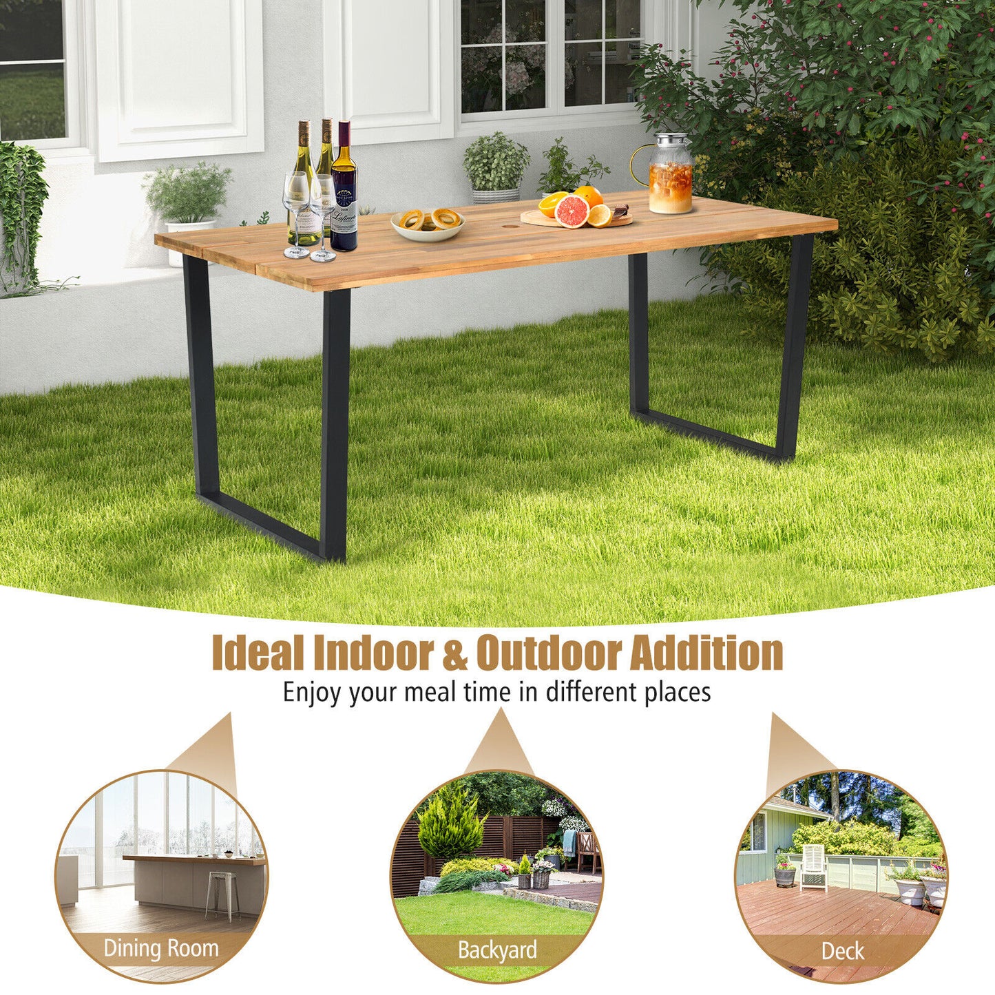 6-Person Acacia Wood Outdoor Dining Table with 2 Inch Umbrella Hole, Natural Patio Dining Tables at Gallery Canada