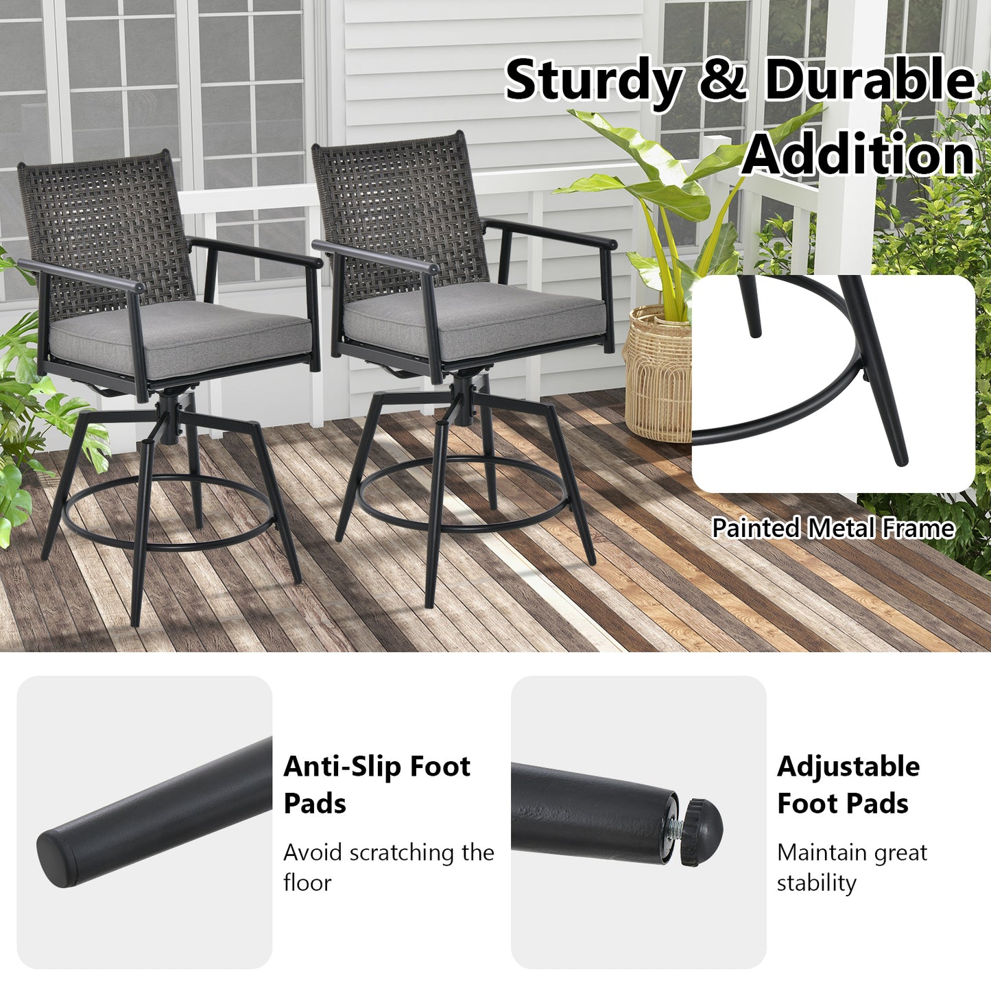 360 Degree Swivel Bar Stool Set, Metal Frame, PE Rattan Backrest, Black Patio Bar Furniture at Gallery Canada