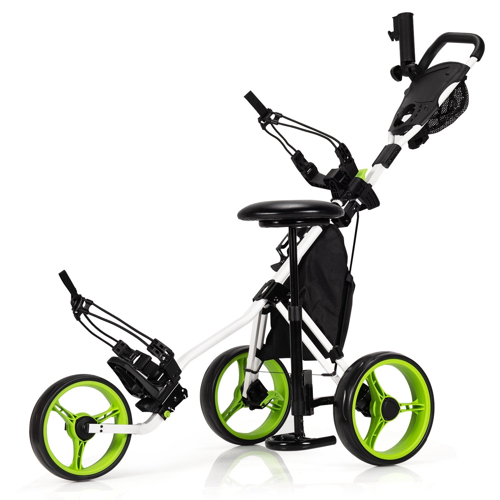3 Wheels Folding Golf Push Cart with Seat Scoreboard and Adjustable Handle, Green at Gallery Canada