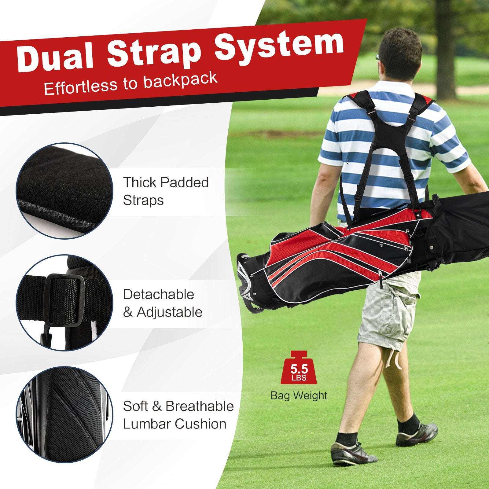 Golf Stand Cart Bag with 6 Way Divider Carry Pockets, Red - Gallery Canada