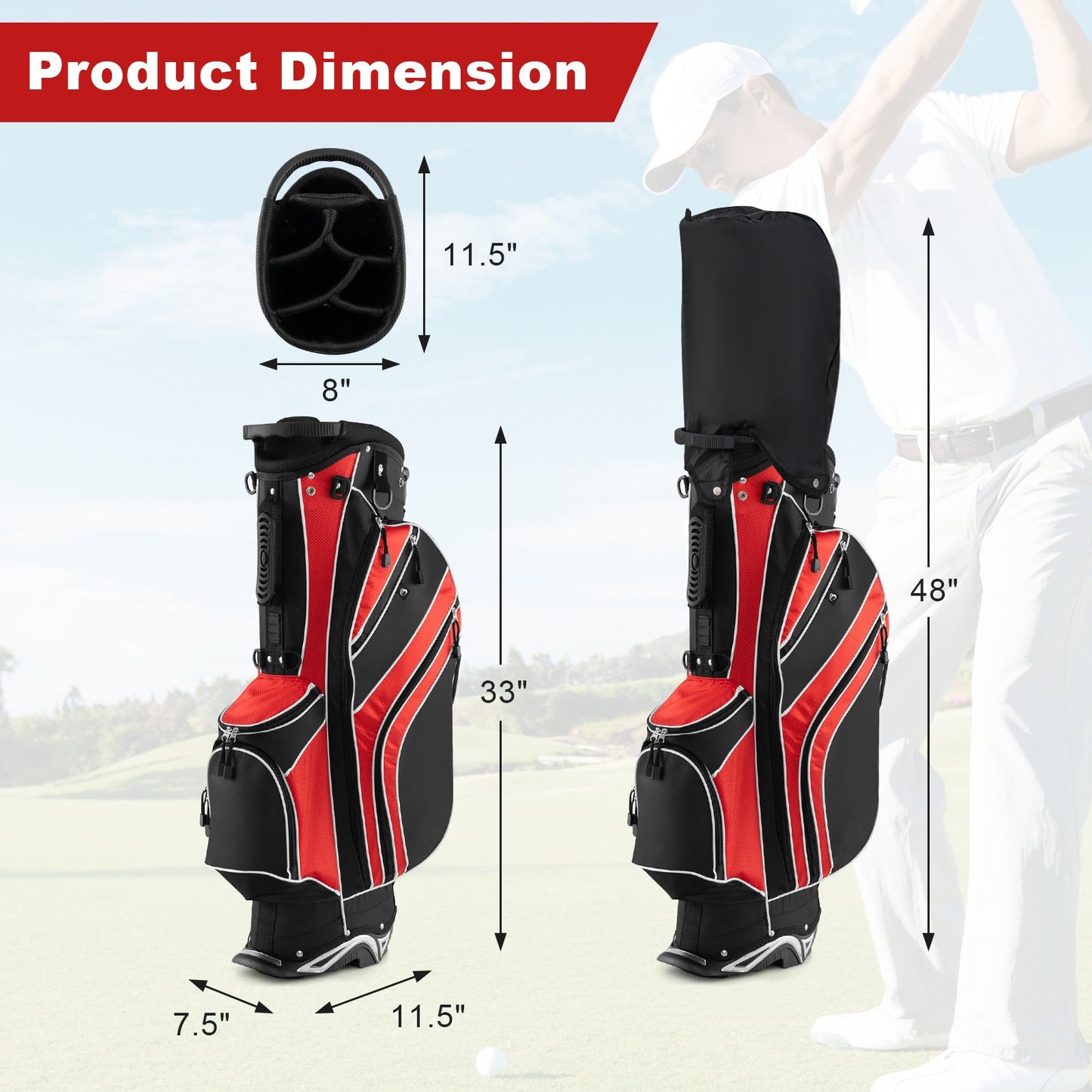 Golf Stand Cart Bag with 6 Way Divider Carry Pockets, Red
