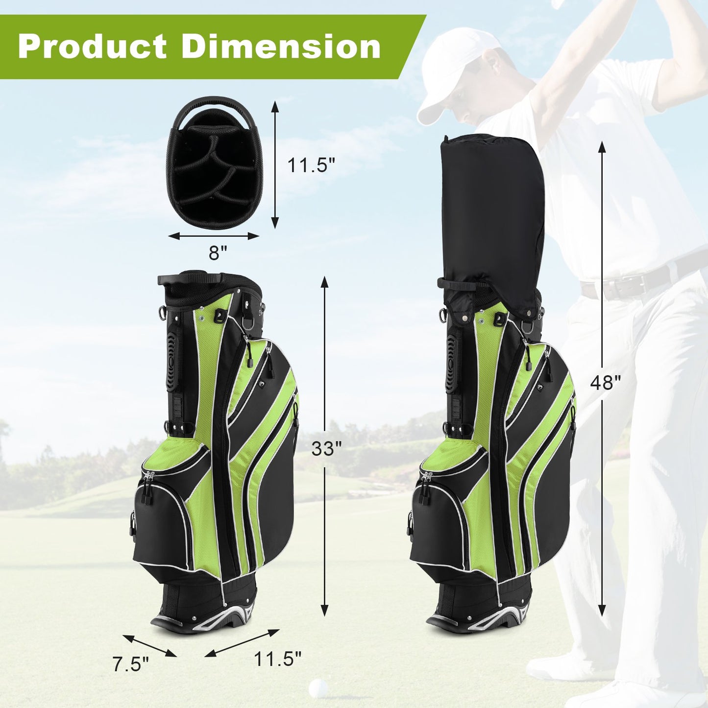 Golf Stand Cart Bag with 6 Way Divider Carry Pockets, Green at Gallery Canada