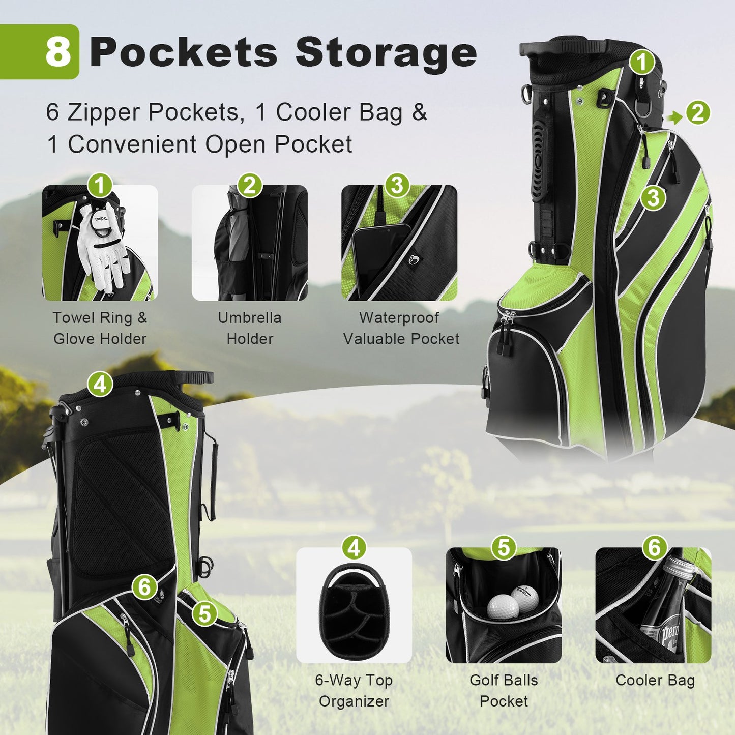 Golf Stand Cart Bag with 6 Way Divider Carry Pockets, Green at Gallery Canada