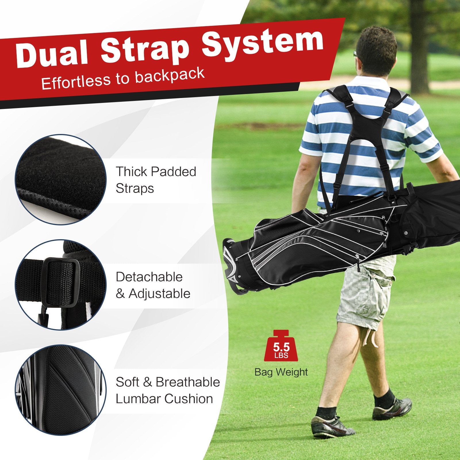 Golf Stand Cart Bag with 6 Way Divider Carry Pockets, Black at Gallery Canada