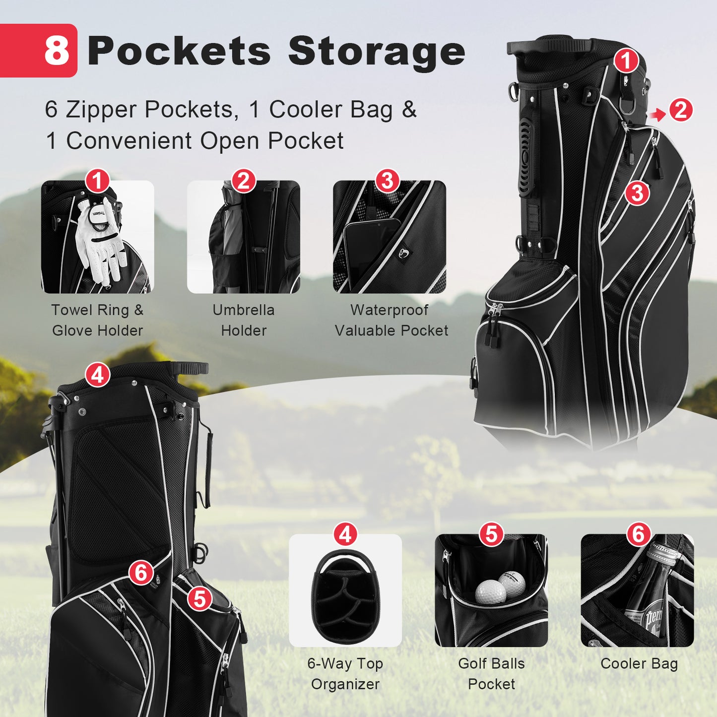Golf Stand Cart Bag, 6-Way Divider, Carry Pockets, Black