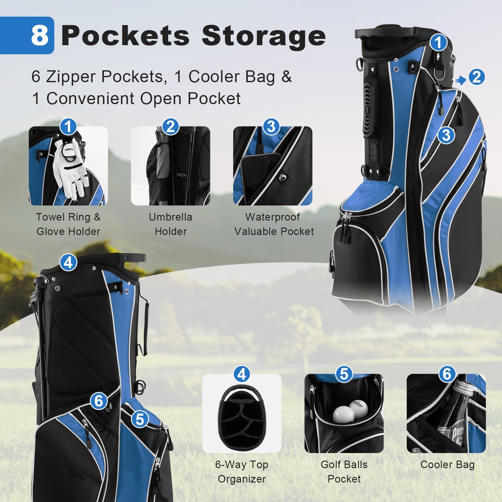 Golf Stand Cart Bag with 6-Way Divider Carry Pockets, Blue at Gallery Canada
