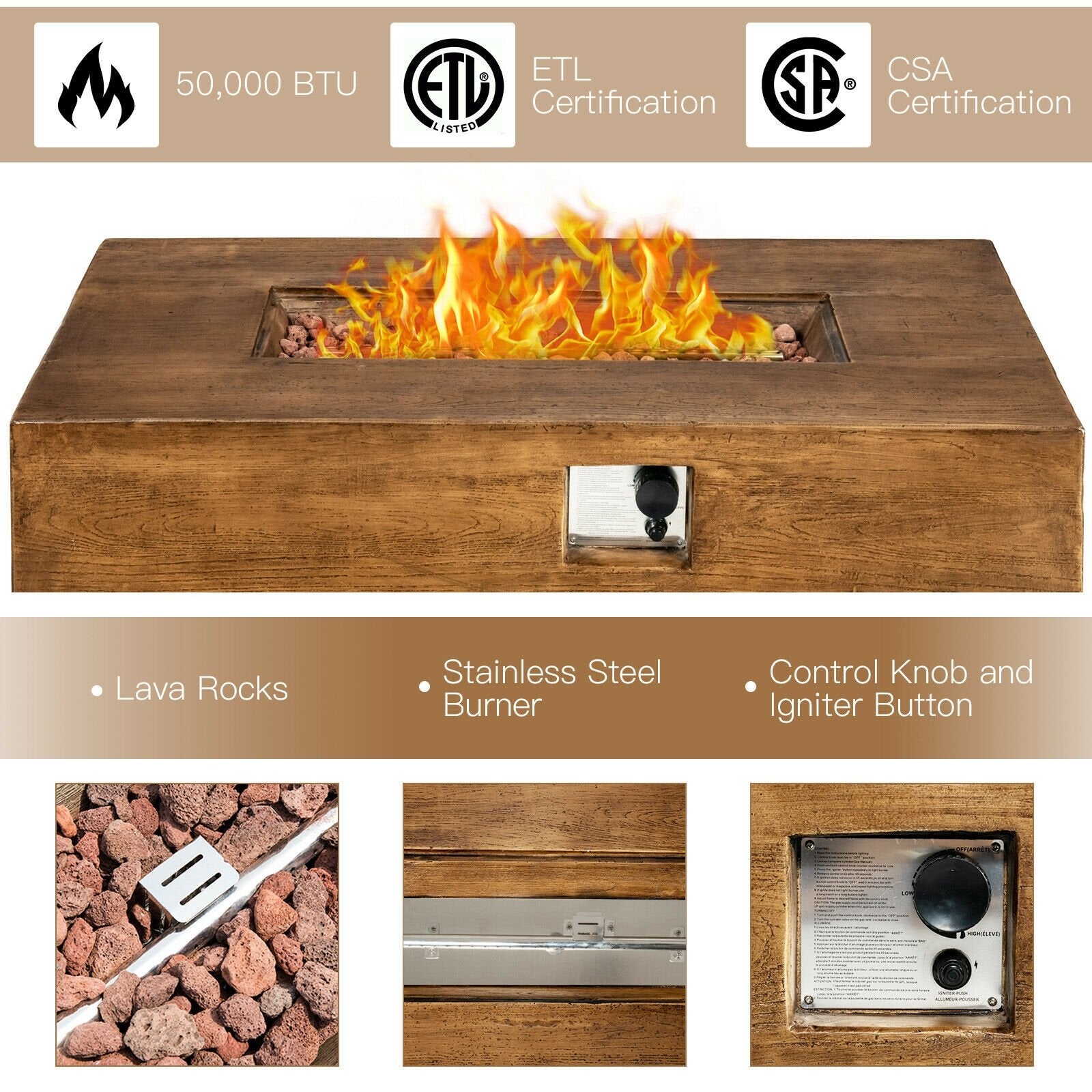 48 x 27Inch Outdoor Gas Fire Pit Table 50 000 BTU with Lava Rocks and Cover, Brown at Gallery Canada