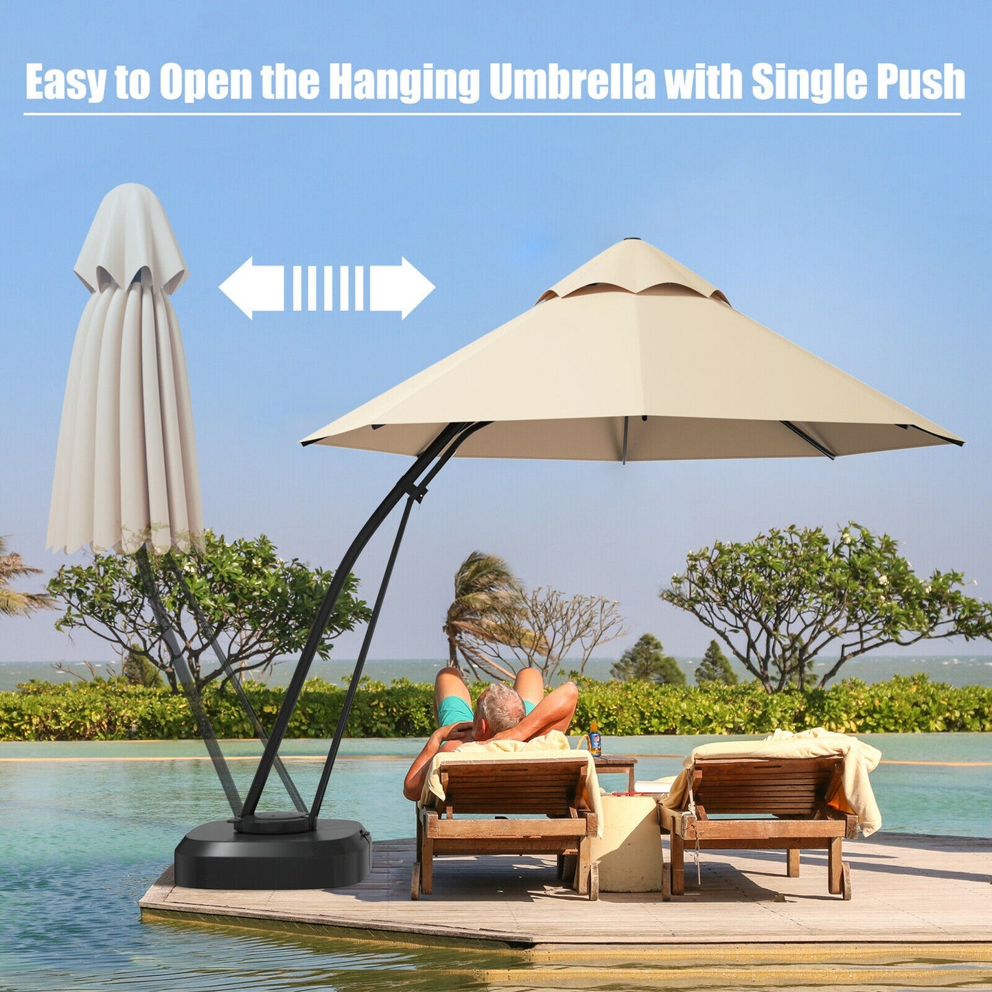 11 Feet Outdoor Cantilever Hanging Umbrella with Base and Wheels, Beige Outdoor Umbrellas at Gallery Canada