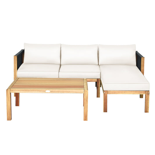 3 Pieces Patio Acacia Wood Sofa Furniture Set with Nylon Rope Armrest, White