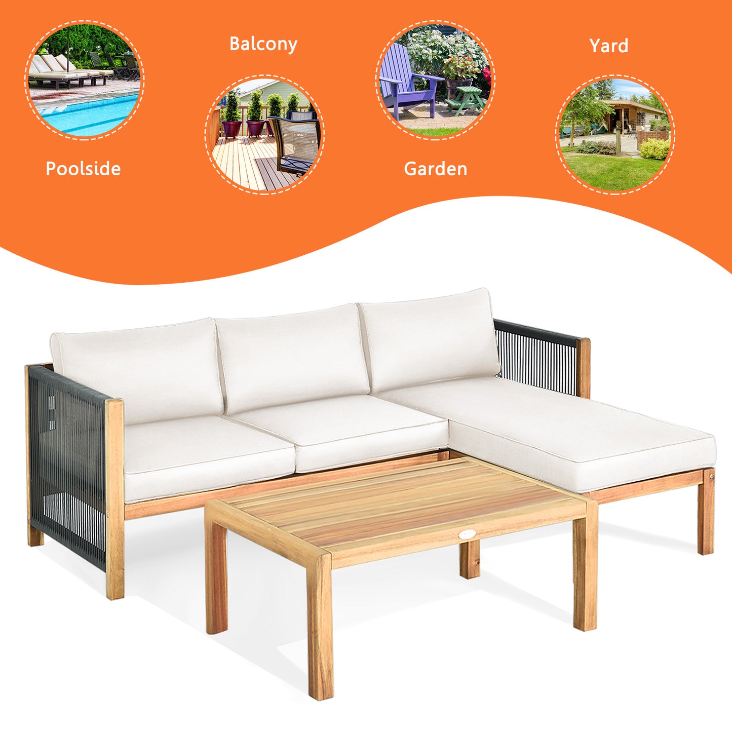 3 Piece Acacia Wood Patio Sofa Set, Nylon Rope Armrest, White Outdoor Sectionals at Gallery Canada