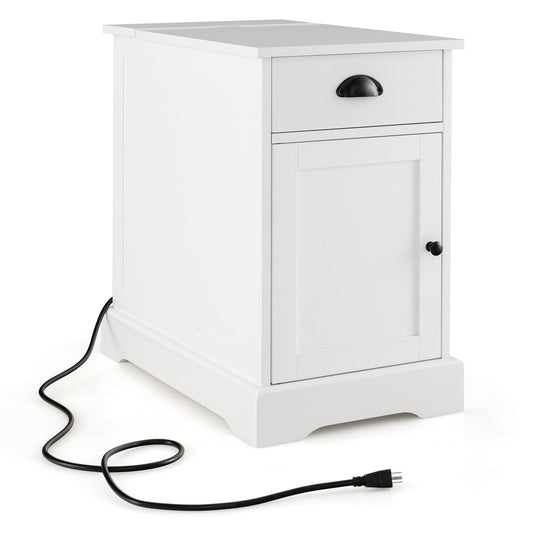 End Table with Charging Station and Flip Top, White
