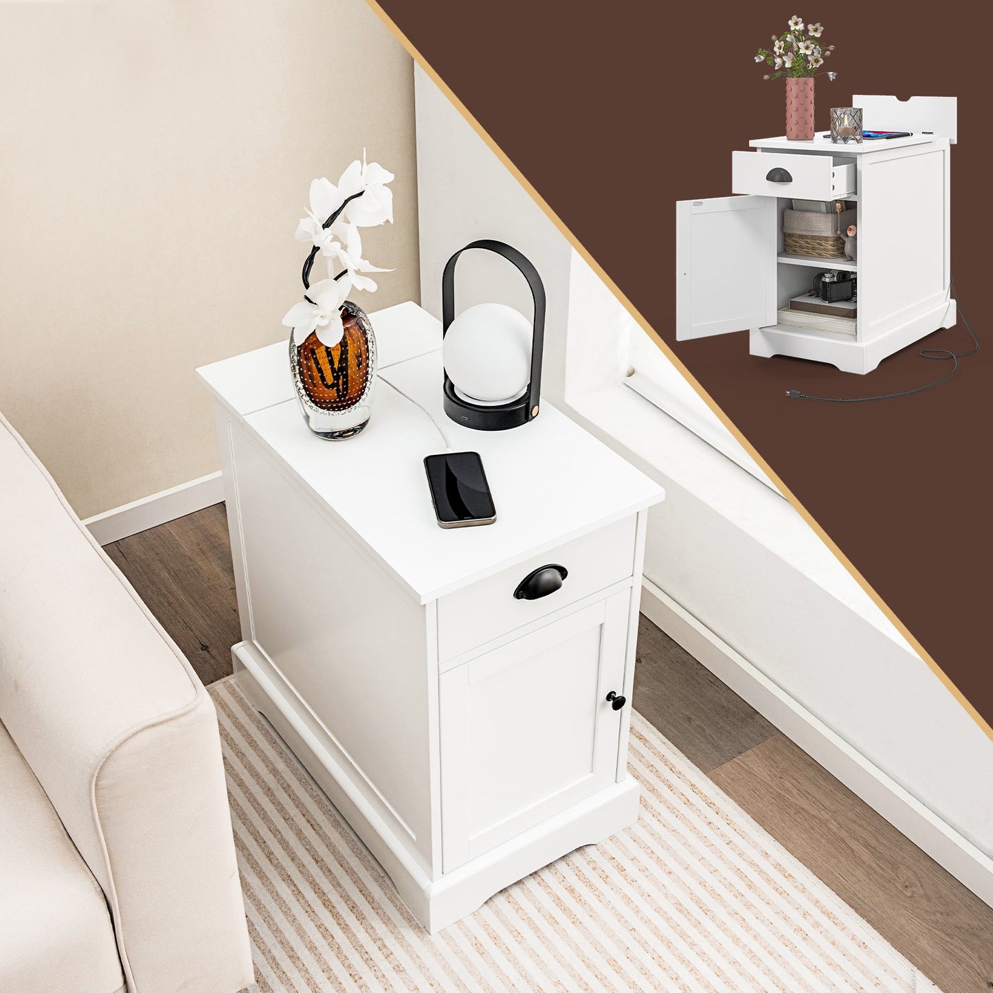 End Table with Charging Station and Flip Top, White