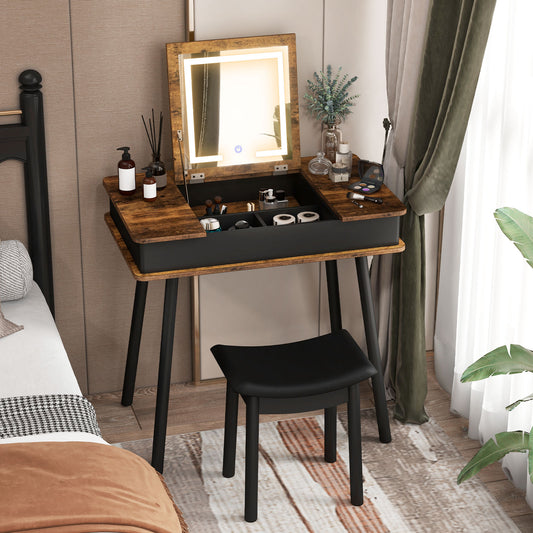 Vanity Table Set With Flip Top Mirror Lights, USB Writing Desk And Stool, Brown Makeup Vanities Brown at Gallery Canada
