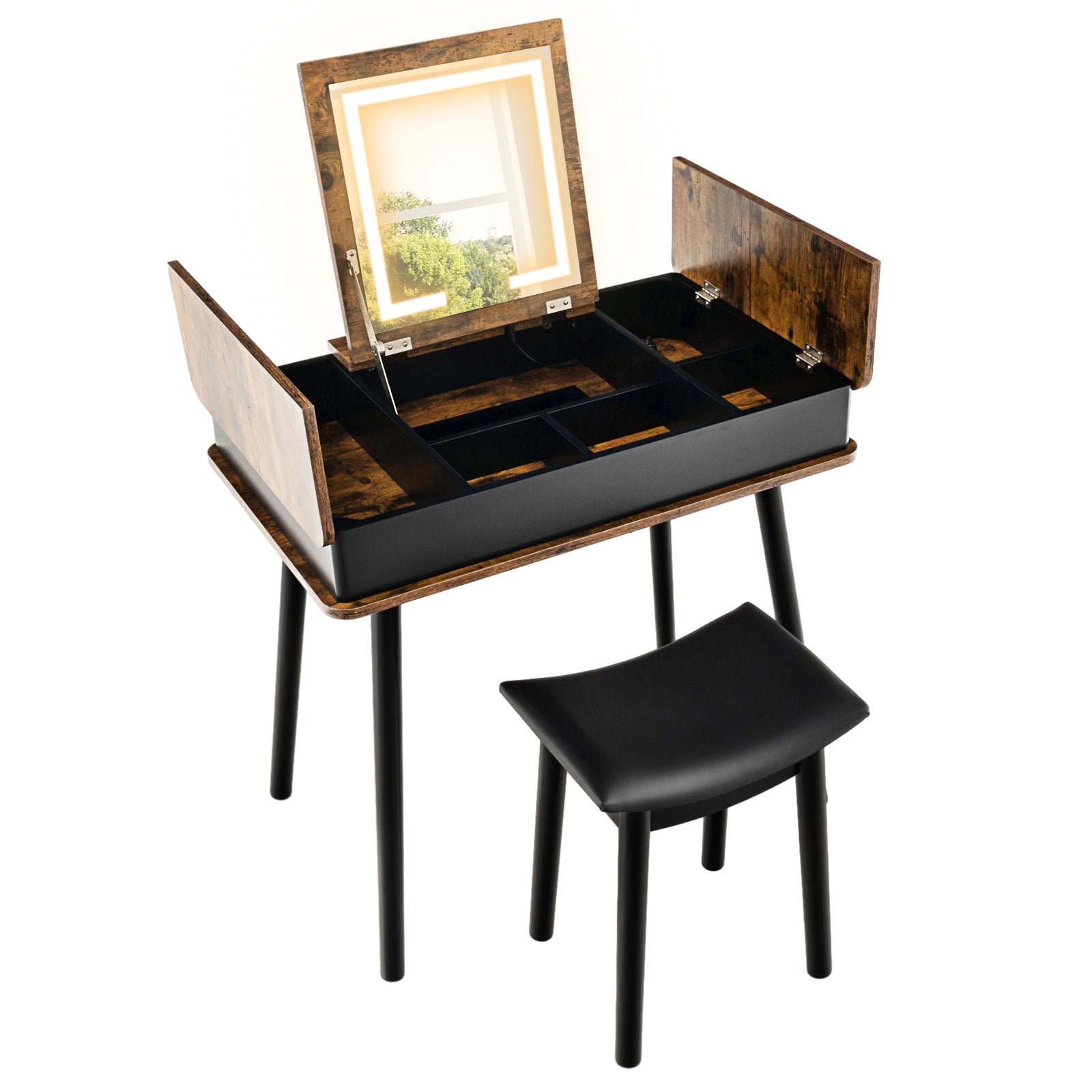 Vanity Table Set with Flip Top Mirror Lights USB Writing Desk and Stool, Brown at Gallery Canada