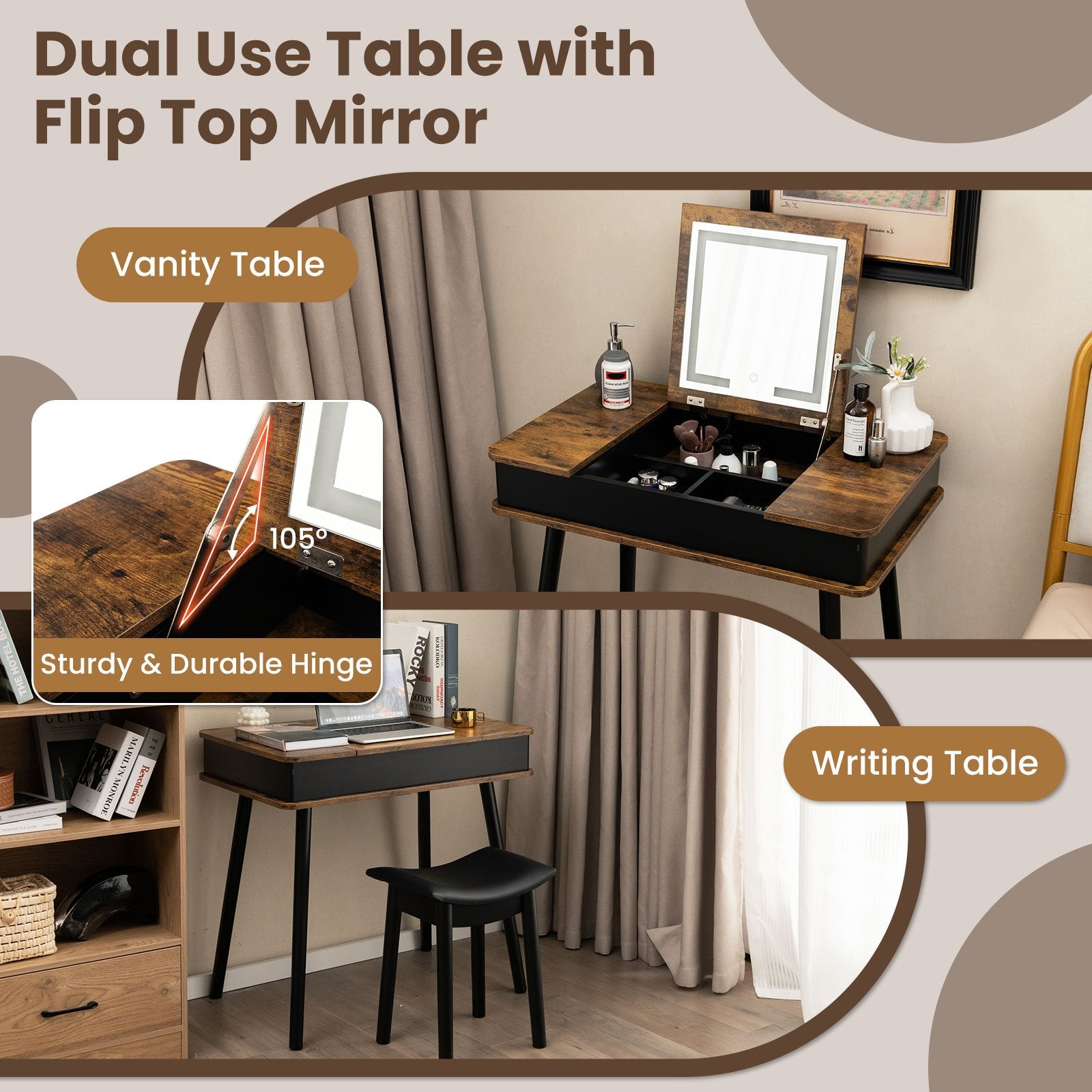 Vanity Table Set with Flip Top Mirror Lights USB Writing Desk and Stool, Brown at Gallery Canada