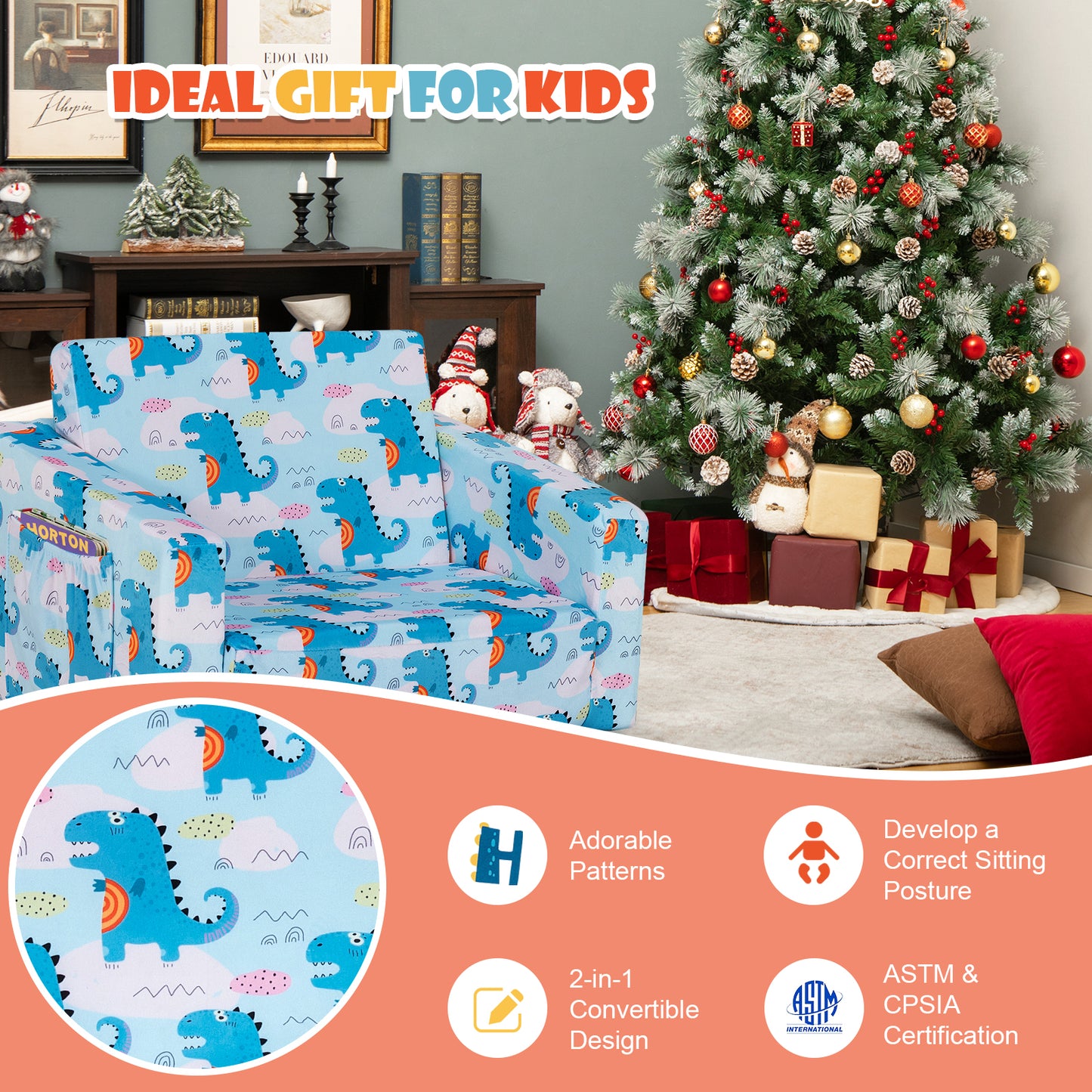 Convertible Kids Sofa, Velvet Fabric, Light Blue