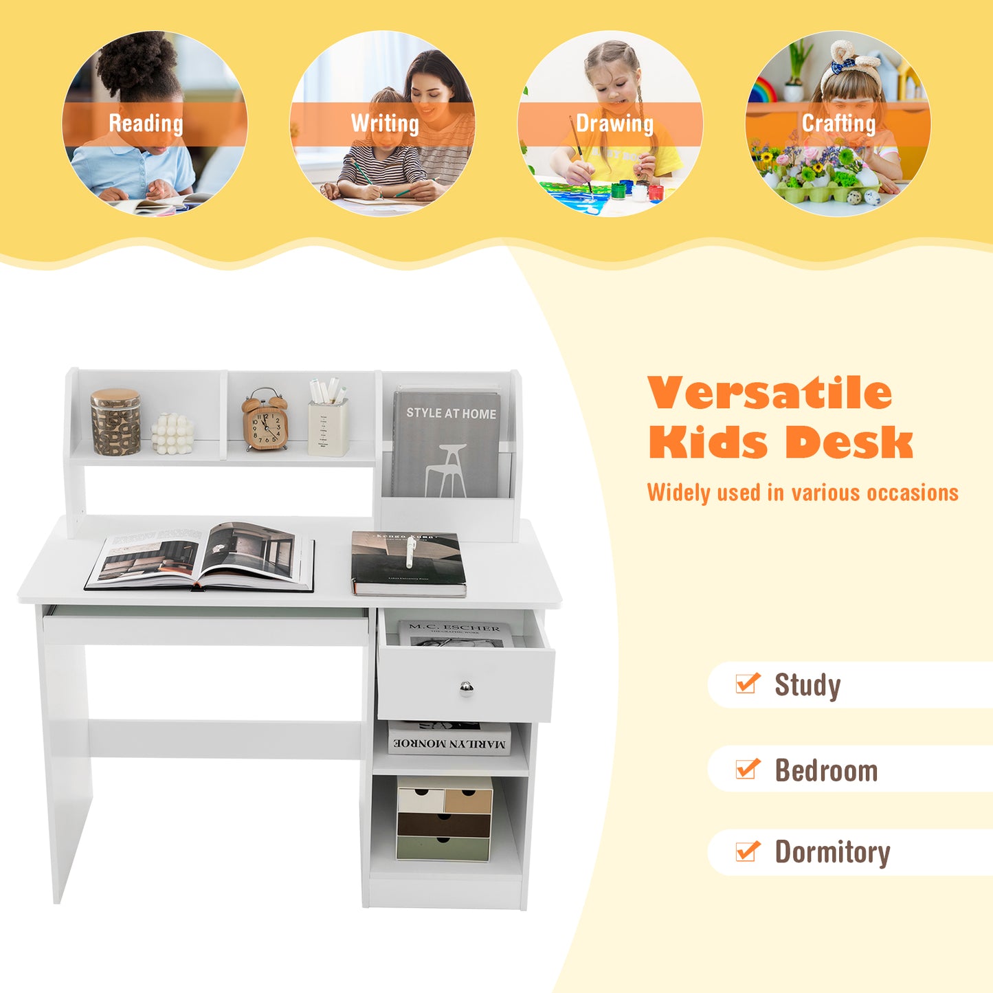 Kids Study Desk Children Writing Table with Hutch Drawer Shelves and Keyboard Tray, White Kids Table & Chair Sets at Gallery Canada