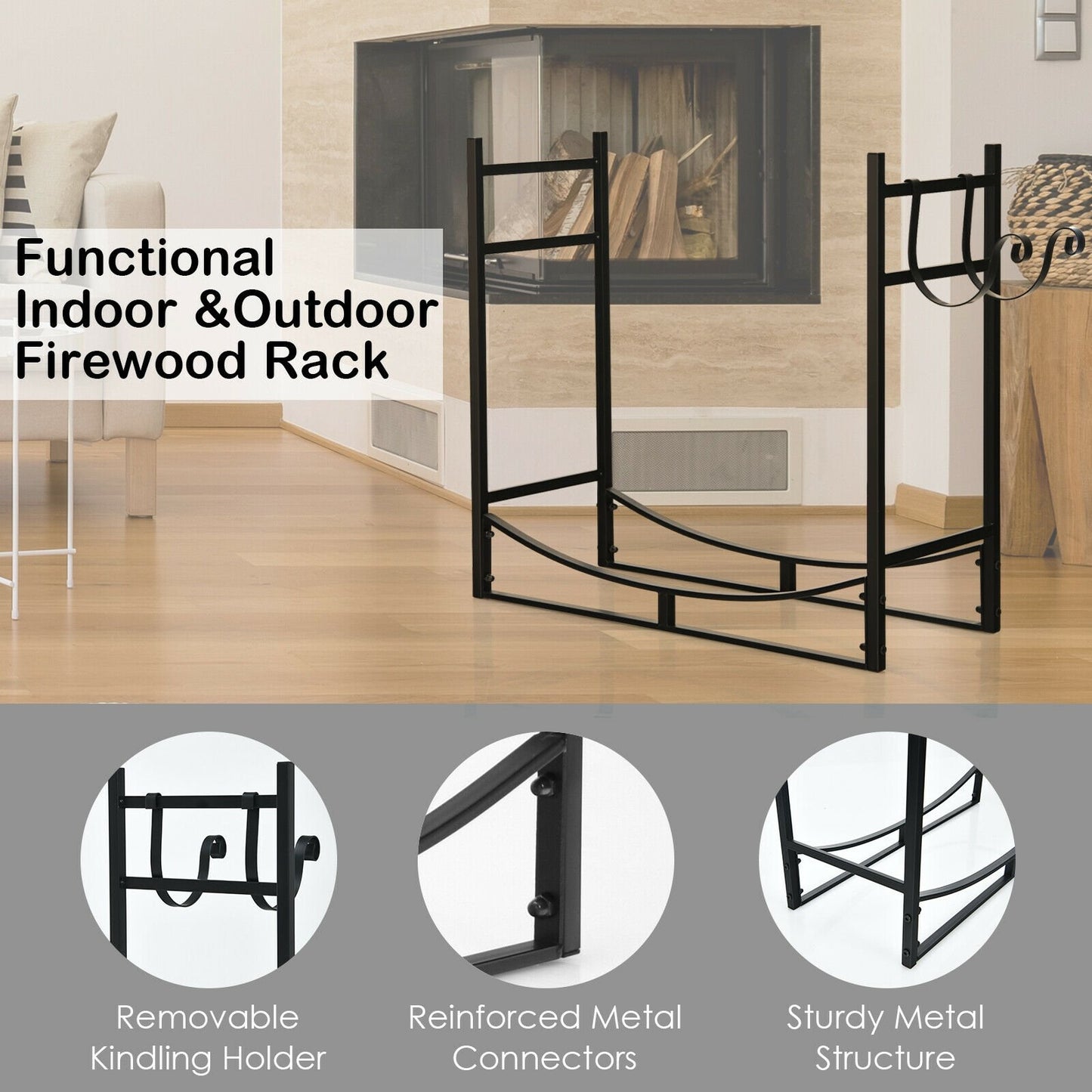 33 Inch Firewood Rack with Removable Kindling Holder Steel Fireplace Wood, Black