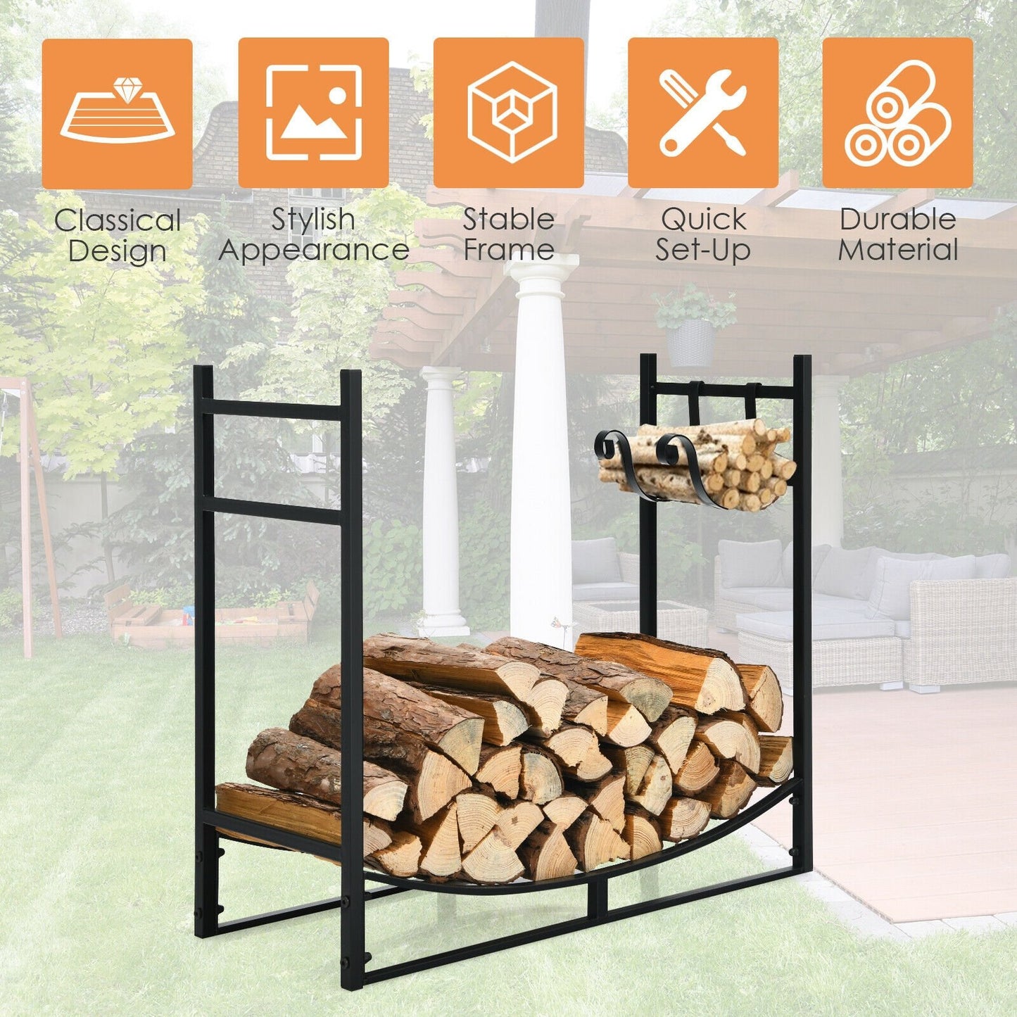 33 Inch Firewood Rack with Removable Kindling Holder Steel Fireplace Wood, Black at Gallery Canada